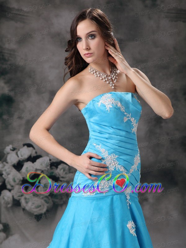 Pretty Aqua Blue Mermaid Strapless Prom Dress with Appliques
