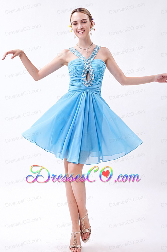 Baby Blue Empire V-neck Prom Dress Beading Mini-length Chiffon