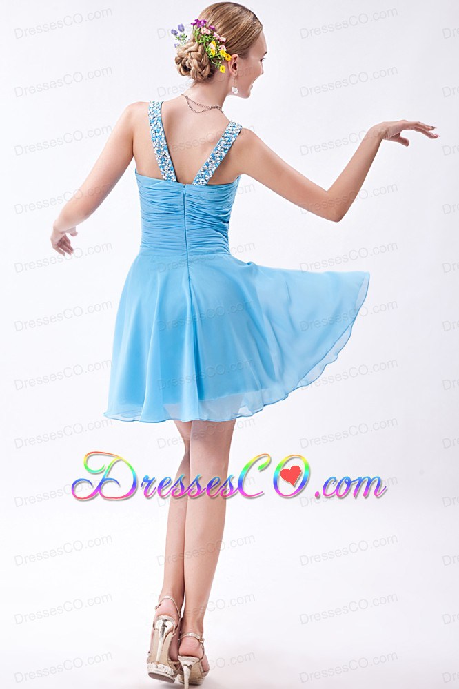 Baby Blue Empire V-neck Prom Dress Beading Mini-length Chiffon