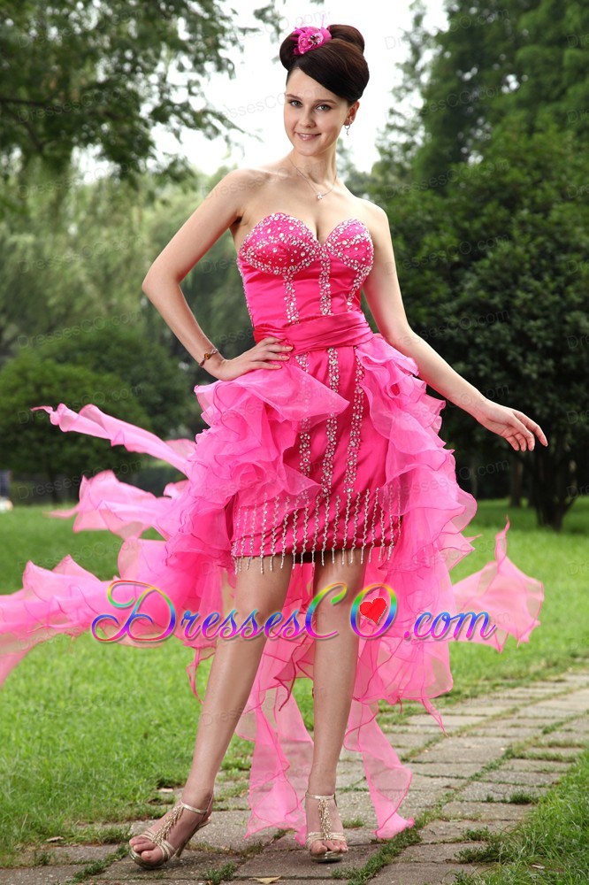 Hot Pink Column High-low Organza Beading Prom / Homecoming Dress