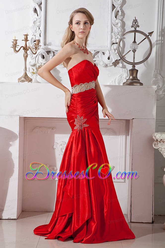 Red Mermaid Beading Prom Dress Long Taffeta
