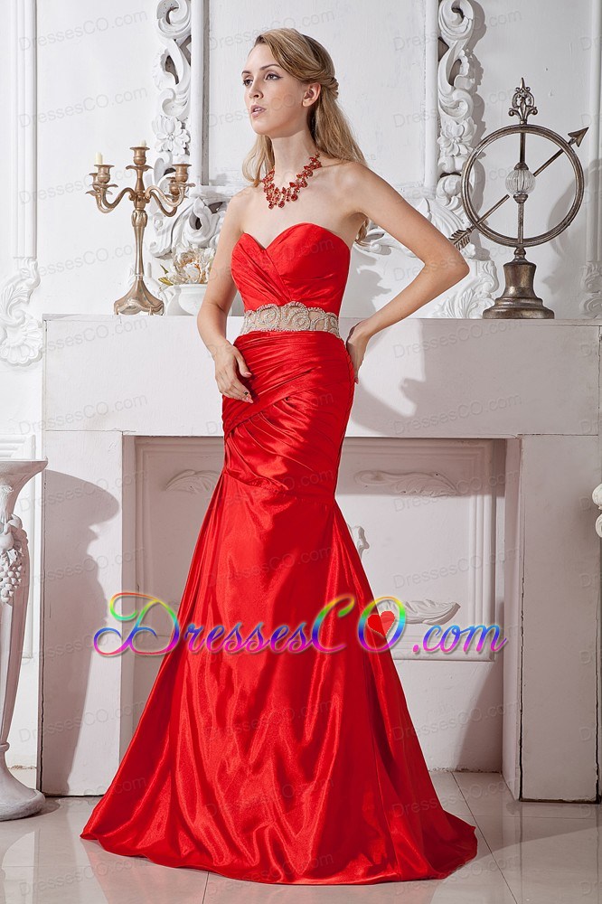 Red Mermaid Beading Prom Dress Long Taffeta