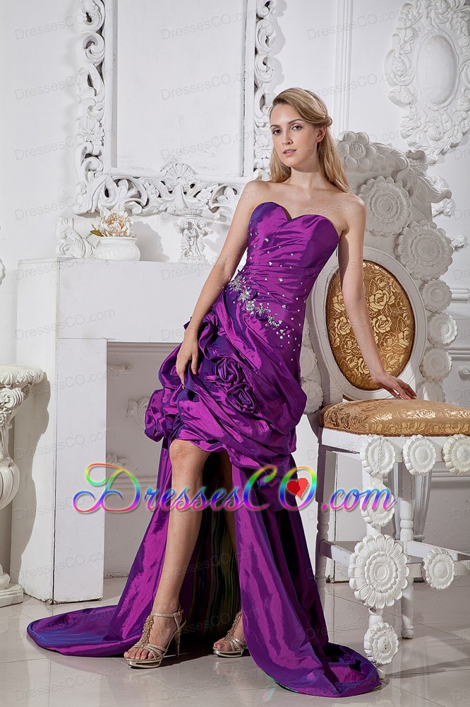 Purple Column Hand Made Flowers and Beading Prom Dress High-low Taffeta