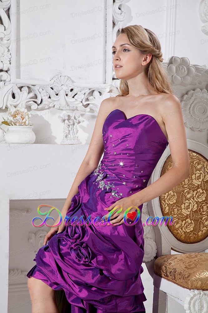 Purple Column Hand Made Flowers and Beading Prom Dress High-low Taffeta