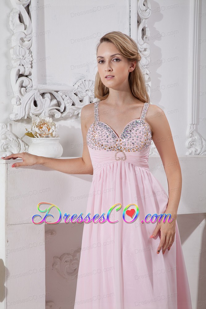 Light Pink Straps Chiffon Prom Dress with Gold and Silver Beading