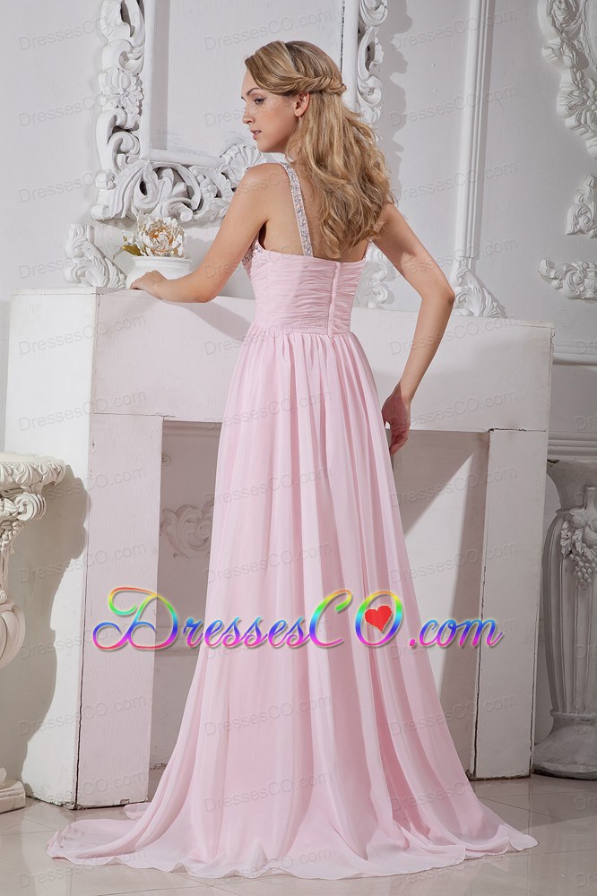 Light Pink Straps Chiffon Prom Dress with Gold and Silver Beading