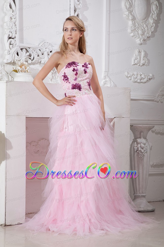 Baby Pink A-line Brush Train Taffeta and Tulle Appliques Prom Dress