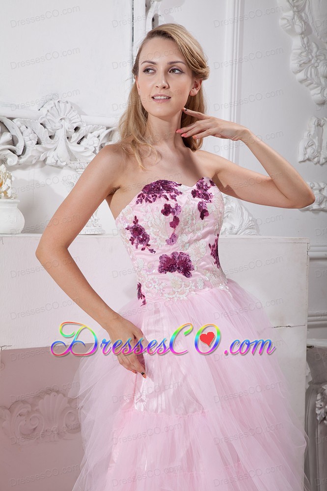 Baby Pink A-line Brush Train Taffeta and Tulle Appliques Prom Dress