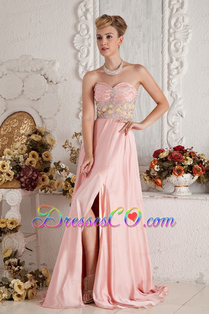 Baby Pink Empire Chiffon Beading Prom Dress Brush Train