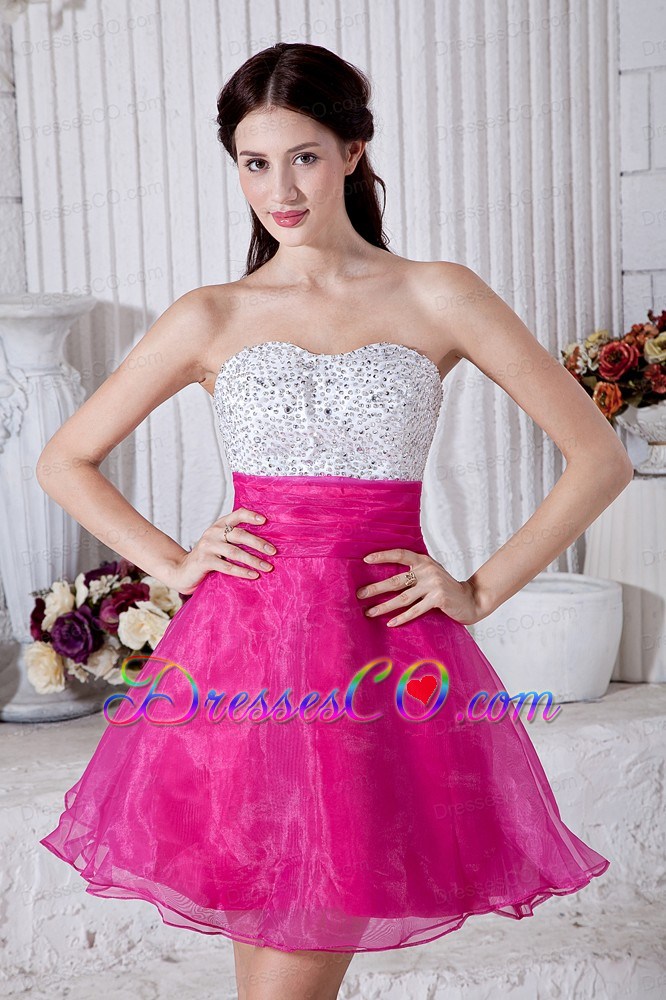 Hot Pink A-line Short Prom / Homecoming Dress Organza Beading Mini-length