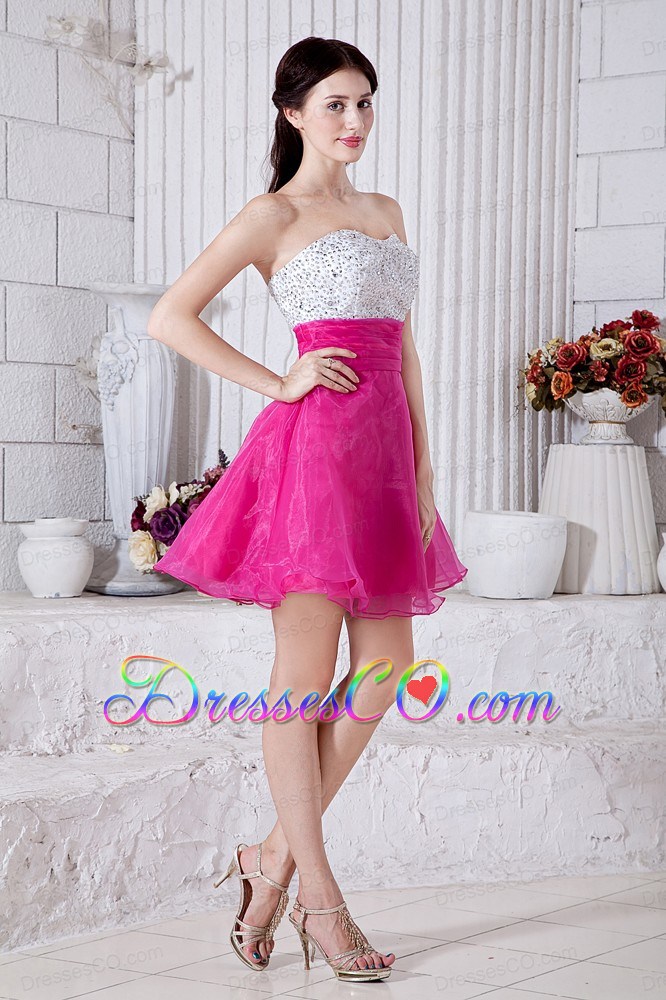Hot Pink A-line Short Prom / Homecoming Dress Organza Beading Mini-length