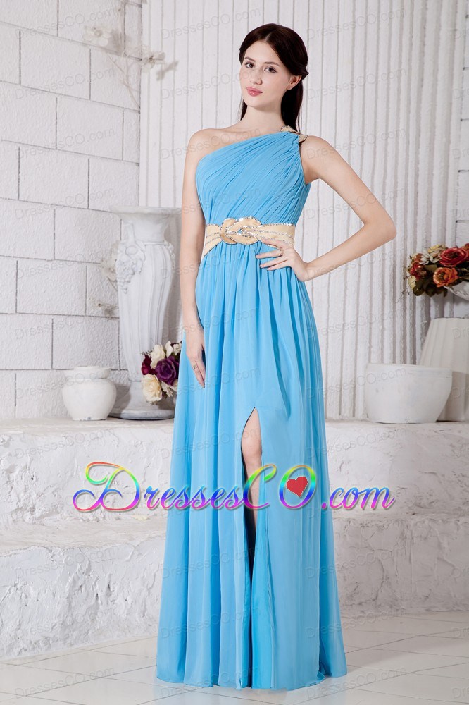 Aqua Blue Empire One Shoulder Belt Prom / Evening Dress Long Chiffon