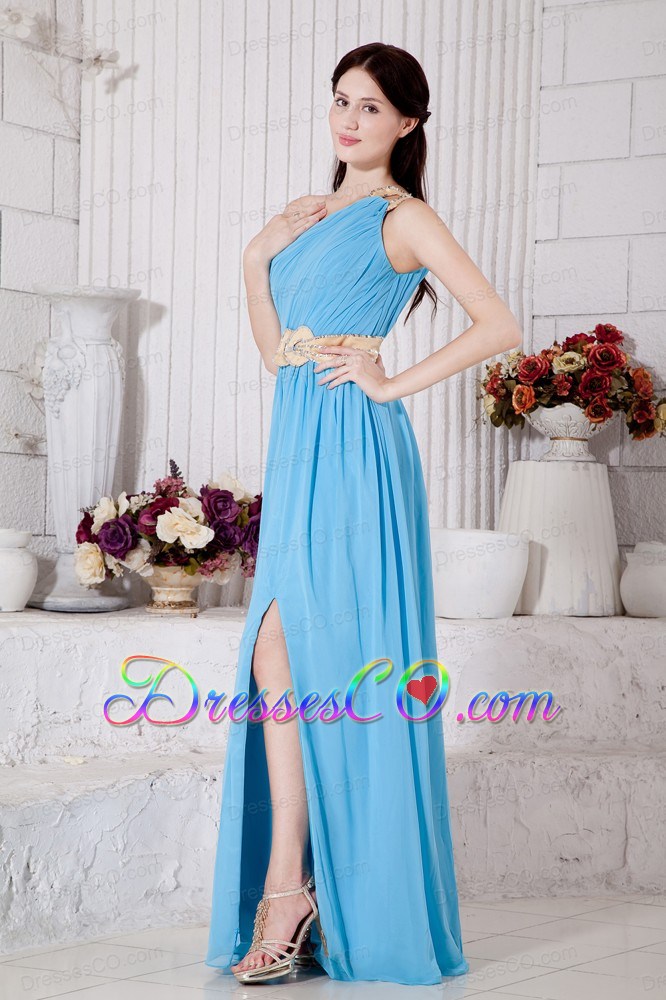 Aqua Blue Empire One Shoulder Belt Prom / Evening Dress Long Chiffon