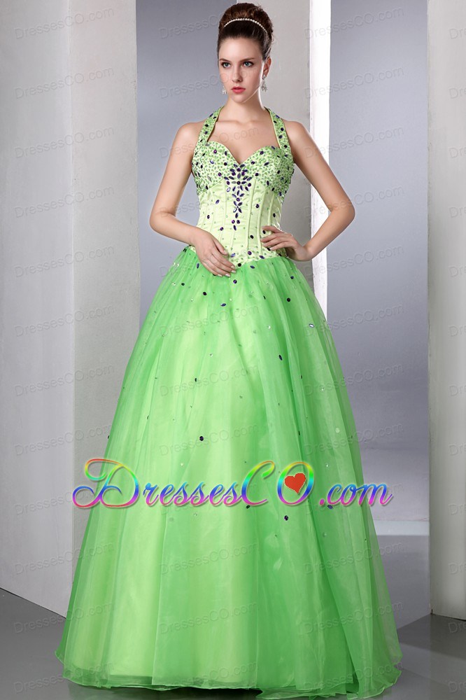 Spring Green A-line Halter Prom Dress Satin And Organza Beading Long