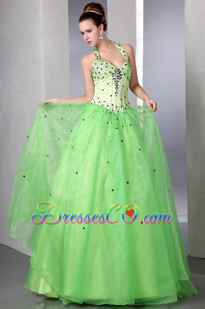 Spring Green A-line Halter Prom Dress Satin And Organza Beading Long