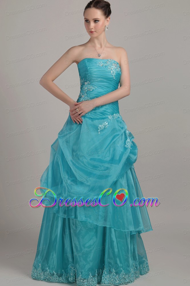 Blue Column/sheath Strapless Long Organza Appliques And Beading Prom Dress