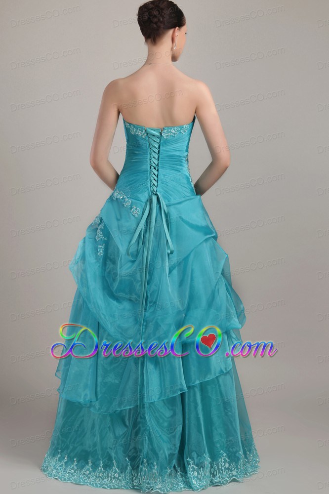 Blue Column/sheath Strapless Long Organza Appliques And Beading Prom Dress
