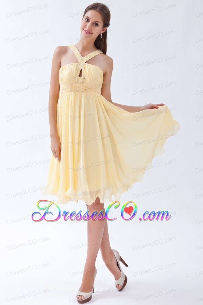 Yellow Empire V-neck Knee-length Chiffon Beading Prom Dress