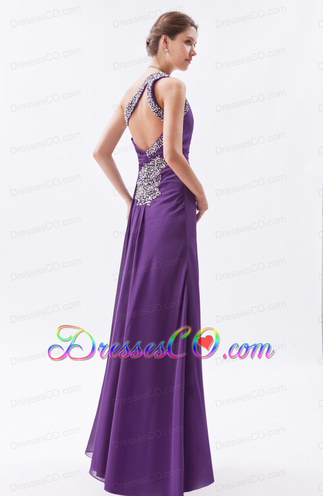 Purple Column / Sheath One Shoulder Prom Dress Chiffon Beading Long