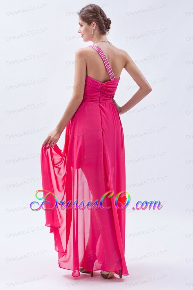 Hot Pink Column / Sheath One Shoulder Prom Dress Long Chiffon Sequins