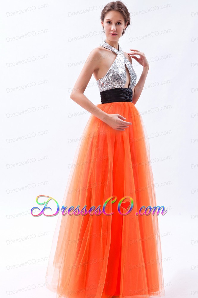 Orange Column Halter Prom Dress Tulle And Sequin Long
