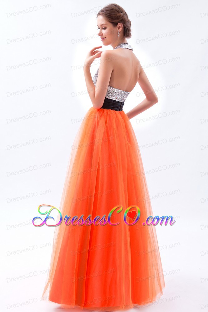 Orange Column Halter Prom Dress Tulle And Sequin Long