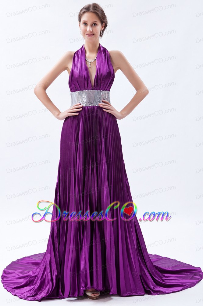 Eggplant Purple Backless Sequin Pleat Prom Dress A-line / Princess Halter Court Train