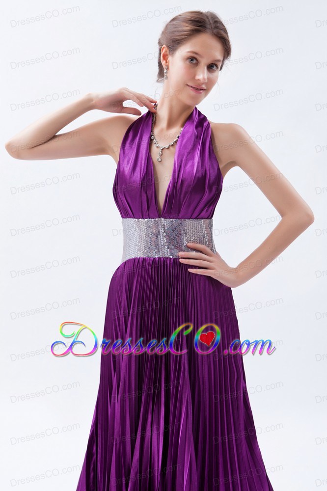 Eggplant Purple Backless Sequin Pleat Prom Dress A-line / Princess Halter Court Train
