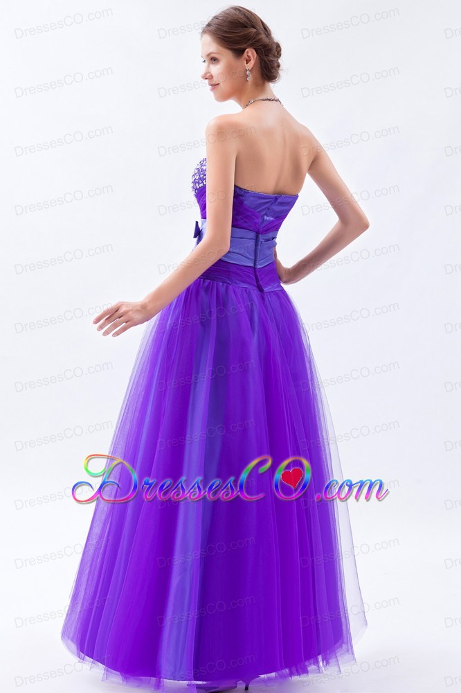 Eggplant Purple A-line / Princess Prom Dresstulle Beading And Bow Long