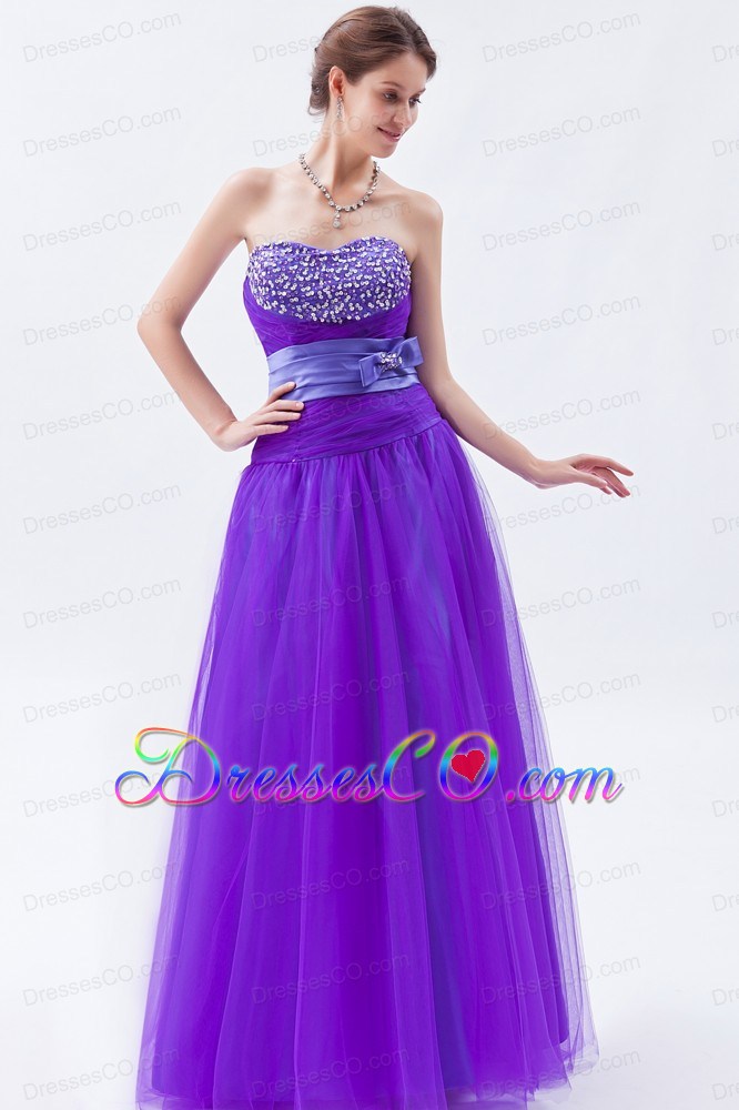 Eggplant Purple A-line / Princess Prom Dresstulle Beading And Bow Long
