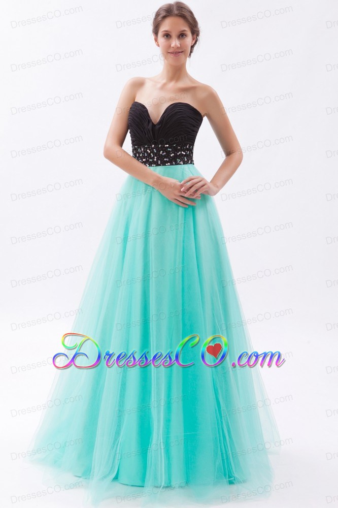 Black And Turquoise A-line Long Tulle Beading Prom Dress