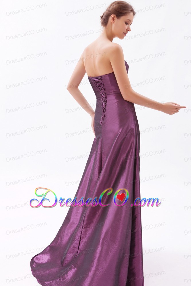 Dark Purple A-line / Princess Prom Dress Beading Brush Train Taffeta