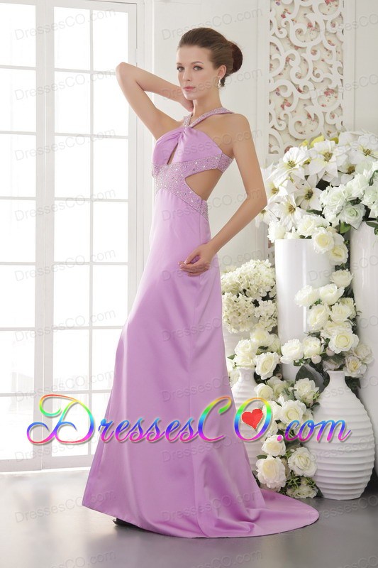 Lavender Column / Sheath Halter Brush /Sweep Train Satin Beading Prom / Evening Dress