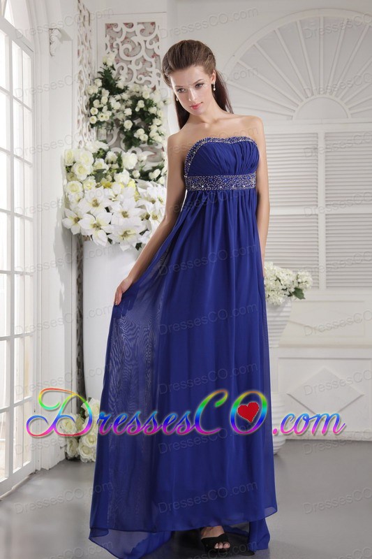 Blue Empire Strapless Brush Train Chiffon Beading Prom / Evening Dress