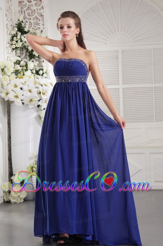 Blue Empire Strapless Brush Train Chiffon Beading Prom / Evening Dress