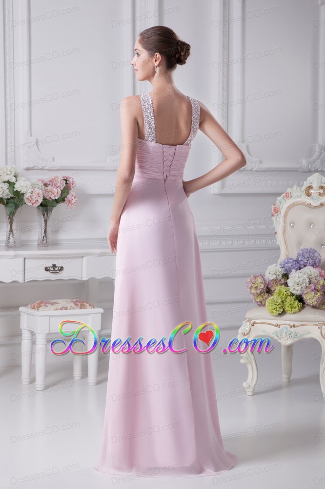 V-neck Baby Pink Empire Beading Long Prom Dress