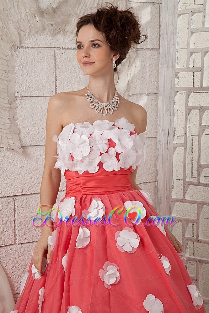 Discount Watermelon A-line Prom Dress Strapless Appliques Long Taffeta