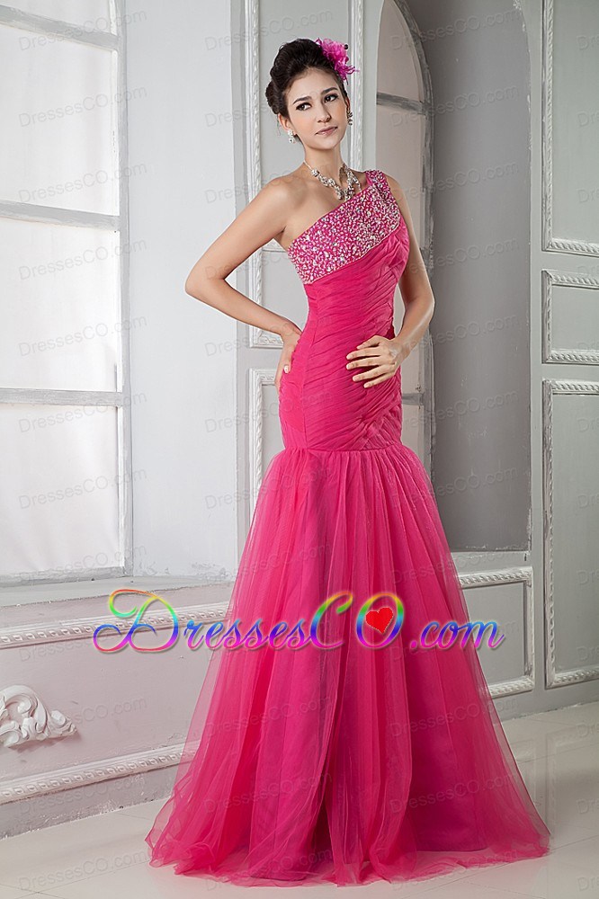 Latest Coral Red Mermaid Prom Dress One Shoulder Beading Long Tulle