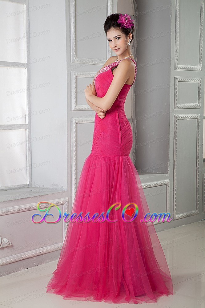 Latest Coral Red Mermaid Prom Dress One Shoulder Beading Long Tulle
