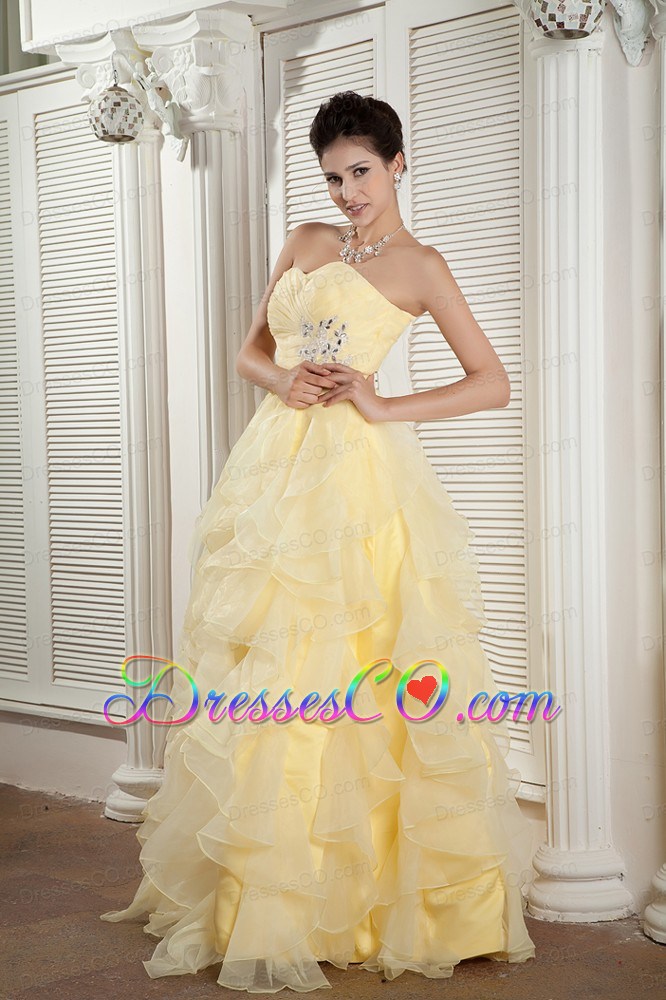Light Yellow Prom / Evening Dress Empire Organza Ruffles And Beading Long