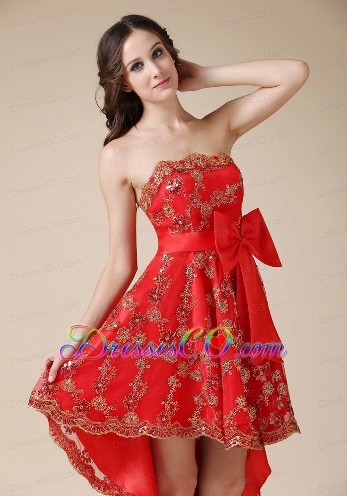 Luxurious Red A-line Cocktail Dress Strapless High-low Elastic Wove Satin and Lace Bow
