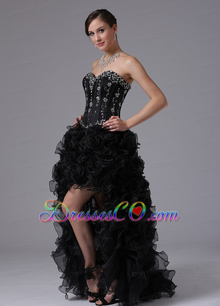 Spring Black High-low Beaded Bodice and Ruffles For Sweet Prom Dress Sweetheart