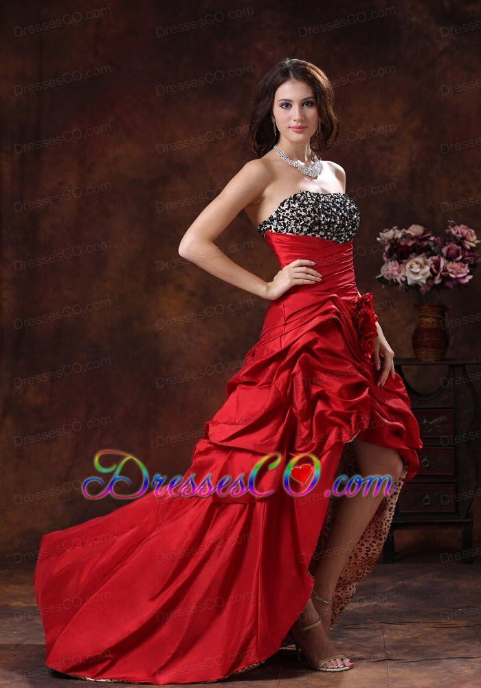 Red Leopard High-low Prom Dress Clearances With Beaded and Flowers Decorate Bust