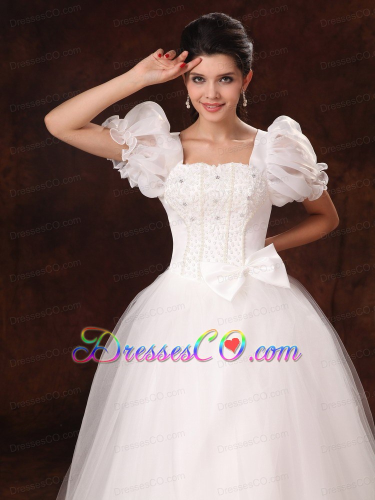 Bubble Sleeve Square Neck A-Line Bowknot Wedding Dress For Custom Made