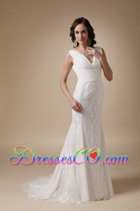 Fashionable Column V-neck Brush Train Chiffon and Lace Ruched Wedding Dress
