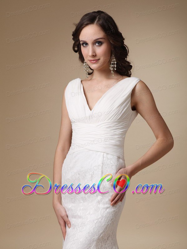 Fashionable Column V-neck Brush Train Chiffon and Lace Ruched Wedding Dress