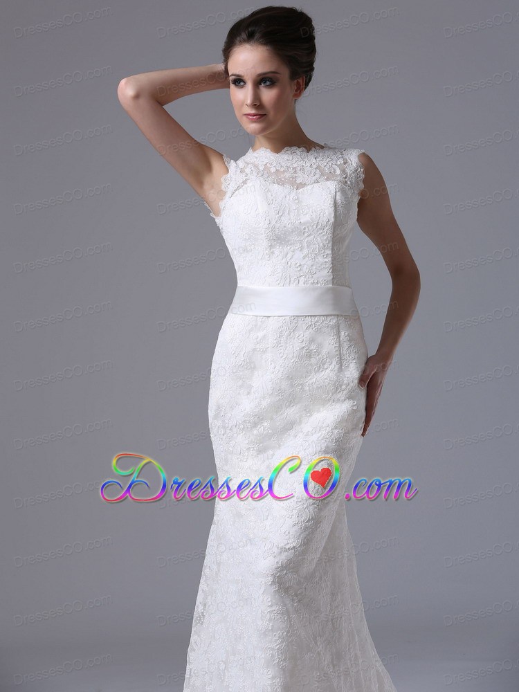 Stylish Lace Brush/Sweep Scoop Mermaid Wedding Dress Button