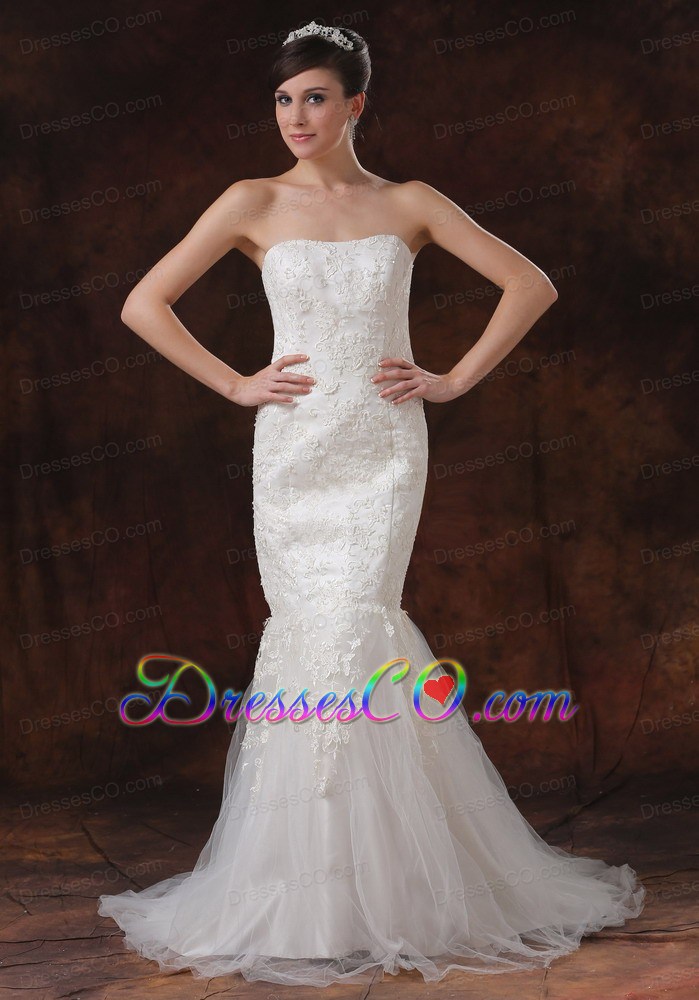 Mermaid / Trumpet Lace Brush / Sweep Tulle Strapless Sexy Wedding Dress