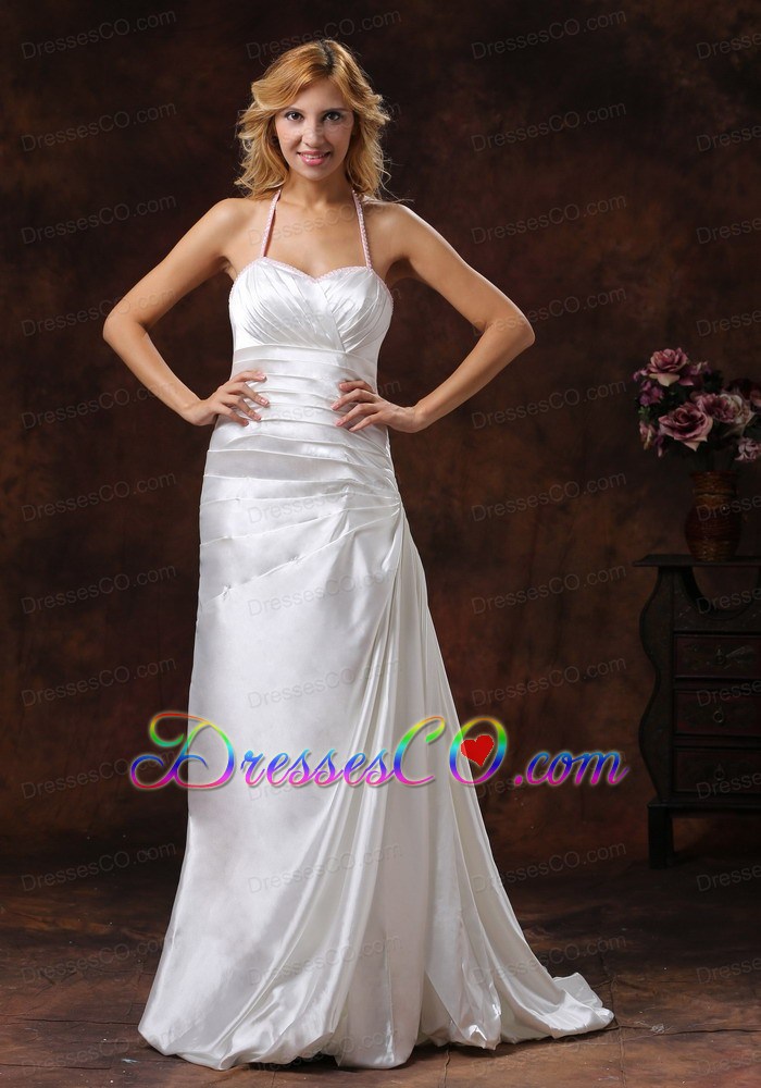 Halter Neckline Ivory Wedding Dress With Brus Train Satin Ruched Decorate