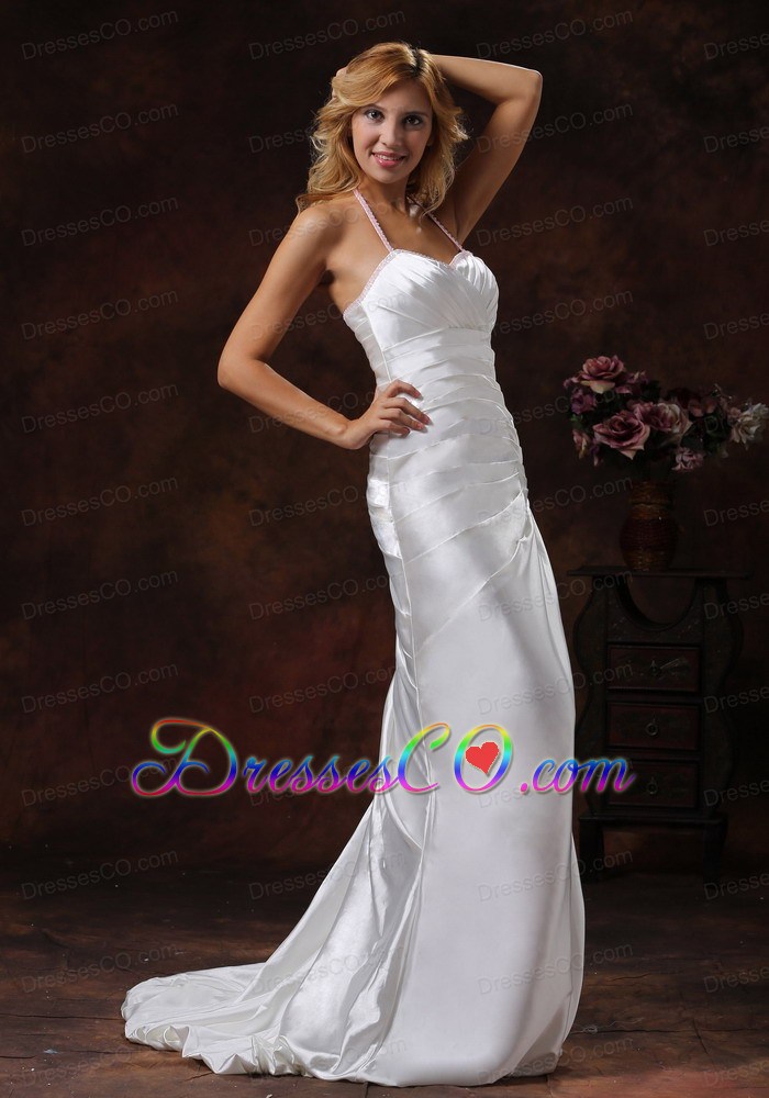 Halter Neckline Ivory Wedding Dress With Brus Train Satin Ruched Decorate